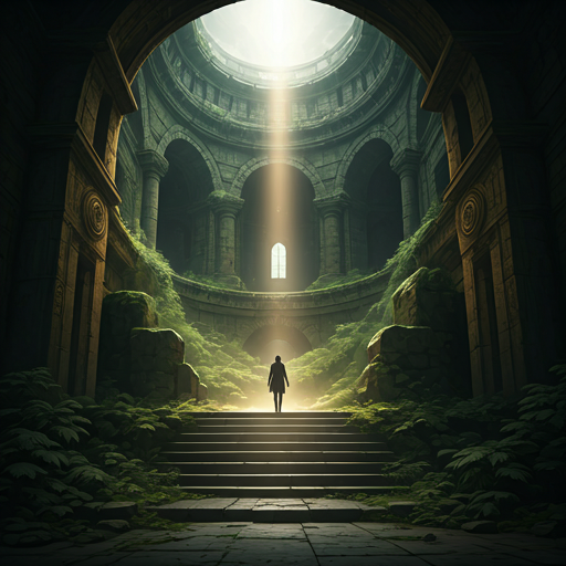 Person walking towards a bright light in an ancient, overgrown architectural structure.